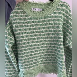 Zara Textured Green and White Women's Sweater